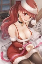 1girls bed big_breasts blush bondage bound bound_wrists bow bra breasts choker christmas christmas_outfit cleavage dress elbow_gloves embarrassed embarrassed_female female female_focus female_only flustered from_above fur_trim gift gloves gymnastics_ribbon hair hair_ribbon hairbow hat human kasumi_yoshizawa kurosususu large_breasts long_hair looking_at_viewer miniskirt neck_bell on_bed panties pantyhose persona persona_5 persona_5_royal ponytail red_dress red_eyes red_hair red_ribbon red_skirt ribbon ribbon_bondage ribbon_in_hair santa_costume santa_dress santa_gloves santa_hat short_dress sitting skirt solo solo_female solo_focus sweat sweatdrop thick_thighs thighhighs thighs underwear