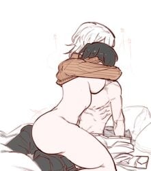 1boy1girl bed black_hair breasts_in_face clothed_sex faust_(limbus_company) female_on_top hug large_breasts limbus_company misang_ project_moon white_hair yi_sang_(limbus_company)