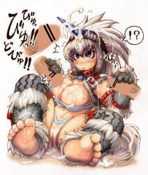 !? 1_horn after_ejaculation barefoot big_breasts blue_eyes breasts bukkake cameltoe censored cleavage cum cum_on_body cum_on_breasts double_handjob facial feet female gloves hair_between_eyes handjob highres horns ibukichi kirin_(armor) large_breasts monster_hunter_(character) monster_hunter_(series) navel penis sidelocks soles solo_focus sweat toes veins veiny_penis