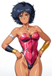 1girls ai_generated ass_visible_through_thighs dangaioh dark-skinned_female dark_skin green_eyes looking_at_viewer pai_thunder retro_artstyle shiny_skin short_hair simple_background smiling tagme white_background