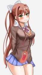 2024 anime_style blazer blush brown_hair color doki_doki_literature_club embarrassed female female_only green_eyes hands_behind_back human human_only just_monika looking_at_viewer monika_(doki_doki_literature_club) nervous nervous_expression nervous_face nervous_smile nervous_sweat not_furry sfw_version_available short_skirt simple_background skirt smile smiling_at_viewer solo solo_female sweat white_background white_bow x-ray x-ray_vision