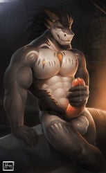 absurd_res anthro balls beard dragon erection facial_hair hi_res humanoid_penis hungrypaws male male_only masturbation muscular nude penis precum smile solo