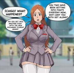 1girls big_breasts bleach clothed_female inoue_orihime mini_comic monkeydgoopy orange_hair prelude_to_sex school_uniform text uniform