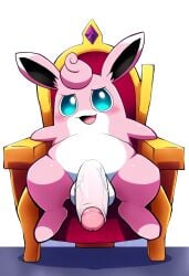 ai_generated balls big_penis blue_eyes blush chair crown erection feral foreskin front_view fur furniture generation_1_pokemon genitals guildmaster_wigglytuff hellsonger hi_res humanoid_genitalia humanoid_penis looking_at_viewer male mammal nintendo on_chair open_mouth penis pink_body pink_fur pokemon pokemon_(species) presenting_penis simple_background sitting sitting_on_chair smile solo throne vein veiny_penis white_background wigglytuff