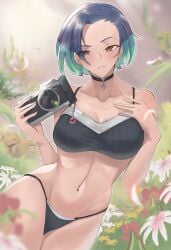 1girls absurd_res bikini black_bikini blue_hair breasts brown_eyes calmgreentori camera choker cleavage cowboy_shot creatures_(company) earrings eyes_visible_through_hair flower frown game_freak garden generation_2_pokemon generation_3_pokemon heart heart_necklace hi_res holding_object hourglass_figure leaning looking_at_viewer medium_breasts midriff multicolored_hair narrow_waist nature navel necklace nintendo npc_trainer outdoors perrin_(pokemon) pokemon pokemon_(species) pokemon_sv shedinja short_hair swimsuit wide_hips yanma