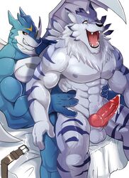 2boys abs anal anal_sex animal_genitalia animal_penis anthro balls bed canine_penis cum digimon erection exveemon gay knot male male_only nipples nude nuroi penetration penis precum weregarurumon yaoi