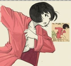 casual dressing female human jucika no_bra open_clothes outerwear pale_skin robe rratpower scene_interpretation