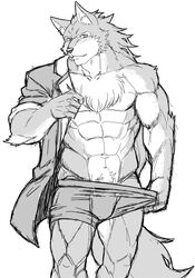 abs akuann anthro blush canine clothed clothing looking_at_viewer male male_only mammal monochrome muscular pecs simple_background solo underwear undressing white_background wolf