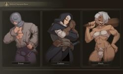 1boy 1futa 1girls abs big_ass big_breasts breasts bulge bulge_through_clothing cameltoe casual character_sheet cleavage clothed clothing confessor_(elden_ring) dark_skin elden_ring female flaccid flaccid_penis fromsoftware fully_clothed futanari human male mostly_nude muscular muscular_futanari muscular_male nipple_bulge nudiedoodles pale_skin prisoner_(elden_ring) tarnished thick_thighs weapon wretch_(elden_ring)