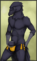 2017 5_fingers abs animal_genitalia anthro avian balls bird black_feathers bulge clothing corvid feathers flaccid green_eyes holding_sheath looking_down male male_only muscular penis raven_(bird) sheath simple_background solo standing tight_underwear truegrave9 underwear undressing