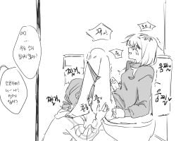 2girls awa_subaru blush bottomless commentary cunnilingus ebizuka_tomo girls_band_cry greyscale highres iseri_nina kawaragi_momoka korean_text long_hair long_sleeves maegkaen monochrome multicolored_hair multiple_girls on_toilet oral panties panties_around_one_leg roots_(hair) short_twintails speech_bubble tongue tongue_out translation_request trembling twintails underwear yuri