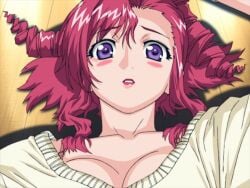 1girls alien alien_girl blush breasts cleavage kazami_mizuho lipstick looking_at_viewer mizuho_kazami onegai_teacher pink_hair pink_lipstick purple_eyes screencap sweater