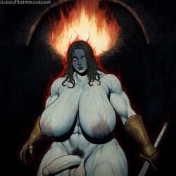 abs ai_generated aura big_balls big_penis breasts brown_hair corruption empty_eyes energy fire futa_only futanari gauntlets gigantic_breasts greyscaler holding_weapon muscular muscular_futanari nipple_piercing nipples pubic_hair solo solo_futa sword tagme veiny_penis weapon white_skin wide_hips