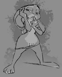 2017 anthro bedroom_eyes black_and_white buckteeth disney ears_down female finger_lick flat_chest flat_chested greyscale half-closed_eyes hi_res judy_hopps lagomorph licking looking_at_viewer mammal monochrome mostly_nude open_mouth panties panties_down pussy pussy_juice rabbit seductive simple_background small_waist solo standing teeth thewyvernsweaver tongue tongue_out underwear wide_hips zootopia