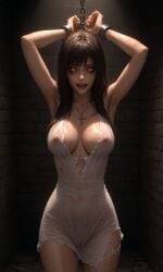 ai_generated ass brown_hair chained chained_wrists chains church cleavage covered_nipples crazy_eyes cross cross_necklace demon_girl devil dress dress_lift female formal formal_wear good_girl horns innocent no_panties original_character possessed possession prisoner red_eyes ripped_clothing see-through torn_clothes transparent_clothing