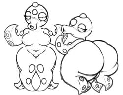 2024 anthro ass bent_over big_butt breasts digital_drawing_(artwork) digital_media_(artwork) eyebrows eyelashes female generation_2_pokemon lewdewott looking_at_viewer looking_back looking_back_at_viewer monochrome narrowed_eyes navel nintendo nipples octillery pokemon pokemon_(species) raised_eyebrows rear_view simple_background solo standing tentacle thick_thighs white_background