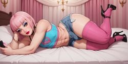 ai_generated bulge chocker femboy golden_eyes heels high_heels laying_on_bed lipstick looking_at_viewer makeup original_character penis phone pink_hair platform_heels rolick rumi_(rolick) shorts stockings thighhigh_socks thighhigh_stockings thighhighs tomgirl trap