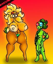 1boy1girl 2024 abs anthro ballsack big_breasts dj_arts glasses glowing_nipples hairy_pussy hat hi_res hips jack_(dj_arts) muscular oc onomatopoeia original_character penis plant plants_vs_zombies pussy pvz scars simple_background sunny_(dj_arts) tagme thick_thighs