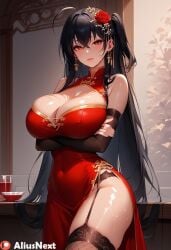 1girls ai_generated aliusnext azur_lane black_hair chinese_clothes chinese_female female patreon red_eyes red_nails stockings taihou_(azur_lane) taihou_(forbidden_feast)_(azur_lane)