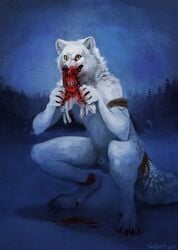 animal_genitalia anthro arctic_fox blood canine clothing crouching crytrauv death eating fox fur gore lagomorph mammal nude rabbit sheath simple_background solo trunorth