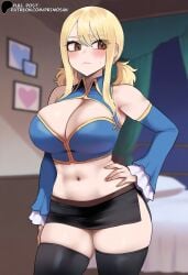 ai_generated blonde_hair brown_eyes cleavage crop_top detached_sleeves embarrassed fairy_tail frilled_sleeves hand_on_hip hand_on_own_hip large_breasts looking_away low_twintails lucy_heartfilia miniskirt primosan short_hair side_slit skirt standing stockings thighhighs twintails wide_hips