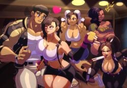 1boy 4girls absurd_res annoyed artist_request assertive_female bar bare_legs bare_thighs big_breasts black_hair blush blushing breast_press breasts brown_eyes brown_hair capcom chun-li cleavage clenched_hands closed_eyes crossover curvy double_bun fatal_fury feet female female_focus final_fantasy final_fantasy_vii fingerless_gloves flirting gloves hair_bun half-closed_eyes hand_fan hand_on_hip harem highres jacket jealous jealous_female jeans king_of_fighters large_breasts laura_matsuda leaning_forward leather leather_jacket leather_pants legs long_hair mai_shiranui male midriff multiple_girls muscular muscular_male navel nervous note open_clothes open_jacket pants pencil ponytail pout pub red_eyes ryu_(street_fighter) seductive seductive_look seductive_smile shirt side_ponytail sitting sitting_on_lap sitting_on_person skirt smile snk spandex sports_bra square_enix street_fighter suspenders tank_top tanned_female tanned_skin thick_thighs thighs thong tifa_lockhart underboob voluptuous voluptuous_female waitress whale_tail