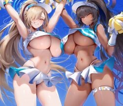 2girls asuna_(blue_archive) big_breasts blue_archive cheerleader cheerleader_outfit cheerleader_uniform color colored dark_skin karin_(blue_archive) midriff rourou_(been)