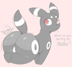 ass black_body black_nose black_tail bodily_fluids cute_fangs dialogue eeveelution female feral frown generation_2_pokemon hi_res looking_back nintendo pokemon pokemon_(species) pupils quadruped question_mark rear_view red_eyes simple_background slit_pupils solo sweat sweatdrop tail toastedtanuki umbreon