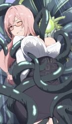 absurdres black-framed_eyewear black_skirt blush breasts cleavage female grabbing_another's_breast groping high-waist_skirt highres imminent_rape large_breasts long_hair looking_at_viewer low_twintails monster one_eye_closed pink_hair purple_eyes restrained shirt skirt solo_focus tentacle tentacle_sex tentacles_under_clothes tsukishiro_yanagi twintails white_shirt zasshoku_ojisan zenless_zone_zero zoophilia