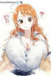 1boy 1girls ai_generated big_breasts brown_eyes female grabbing_breasts huge_breasts long_hair male nami one_piece orange_hair pov_hands priestofart simple_background tagme tagme_(artist) tagme_(character) tattoo tattooed_arm