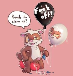 absurd_res anthro badipoki balloon_fetish bodily_fluids cum dialogue domestic_ferret ferretfolk float_(badipoki) fur genital_fluids genitals helium hi_res kneeling male mammal mustelid musteline penis popped_balloon profanity red_balloon sitting solo tail true_musteline weasel