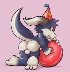 absurd_res anthro ass badipoki balloon balloon_fetish balls blowing_balloon clothing genitals hat headgear headwear hi_res inflatable kobold looking_at_viewer looner male party_hat scalie shaded simple_background soft_shading solo