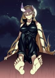 barefoot big_breasts blonde_hair foot_fetish kimetsu_no_yaiba large_breasts medusa_gorgon nezuko_kamado night possessed possession sitting soles soul_eater toes very_long_hair witch xmonstergirlshideout yellow_eyes