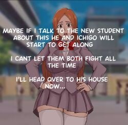 1girls big_breasts bleach clothed_female inoue_orihime mini_comic orange_hair prelude_to_sex school_uniform text uniform