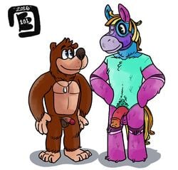 2016 3_toes 4_fingers anatomically_correct anatomically_correct_penis animal_genitalia animal_penis animate_inanimate anthro balls banjo-kazooie banjo_(banjo-kazooie) bear belly big_nose biped black_claws black_nose blonde_hair blue_eyes blue_fur body_hair bowserboy101 brown_balls brown_fur brown_penis chest_tuft claws crossover duo equine equine_penis eye_contact featureless_feet featureless_hands featureless_limbs feet flaccid fluffy freckles front_view full-length_portrait fur gloves_(marking) green_eyes green_fur hair half-erect hand_on_hip happy_trail head_tuft hi_res horse horsecock horstachio hudson_horstachio humanoid_feet humanoid_hands humanoid_penis imminent_sex interspecies jewelry leg_tuft male male_only mammal mane markings mask_(marking) medial_ring multicolored_penis musclegut muscular muscular_male necklace nude orange_penis partially_retracted_foreskin penis penis_size_difference piñata pink_balls pink_fur pink_penis pink_stripes plantigrade portrait purple_fur purple_stripes raised_eyebrow red_penis shark_tooth shark_tooth_necklace simple_background smile socks_(marking) standing stripes tan_fur toes tuft two_tone_penis uncut video_games viva_pinata watermark white_background white_stripes yellow_fur yellow_mane yellow_tail