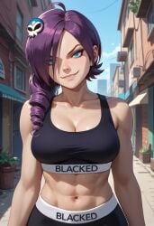 ai_generated blacked blacked_clothing blue_eyes breasts civitai cleavage clothed female female_focus female_only goth goth_girl grin hair_ornament large_breasts outdoors purple_hair solo toned toned_female zone-tan