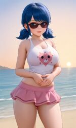 1female 1girls ai_generated bare_arms bare_shoulders bare_thighs beach blue_eyes blue_hair chloenette69 disney disney_channel eyebrows eyelashes ladybug_(character) large_ass large_breasts looking_to_the_side marinette_cheng marinette_dupain-cheng miniskirt miraculous:_tales_of_ladybug_and_cat_noir miraculous_ladybug ocean smile solo_female sun sunglasses sunshine tank_top thick_thighs twintails