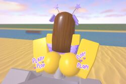 1boy 1boy1girl 1girls 3d anal anal_sex beach_background blocky_body bloxzrd brown_hair different_angle female purple_bikini roblox roblox_avatar robloxian shiny_butt text yellow_body yellow_skin