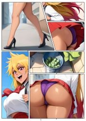 1girls 6koma ai_generated ass bent_over blonde_hair bucket colored_hair comic comic_page d0970d dark-skinned_female dark_skin gyaru happy huge_ass long_hair long_sleeves looking_down manga microskirt money outdoors outside panties purple_panties red_eyes red_hair red_skirt school_uniform shiny_skin solo_female solo_focus street sumiko_gao taut_clothes thick_thighs two_tone_hair unaware walking white_shirt