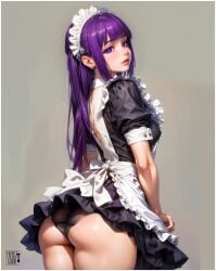 1girls ai_generated ass ass_focus ass_up bewitching_thighs cleavage fanart fantasy female female female female_only fern_(sousou_no_frieren) frieren_beyond_journey's_end girl highres long_hair looking_at_viewer maid maid_headdress maid_outfit maid_uniform panties purple_eyes purple_hair yametastudio