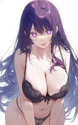 ai_generated armpit_crease ass_visible_through_thighs bare_arms bare_belly bare_legs bare_shoulders bare_thighs belly_button big_breasts black_bra black_panties blush bra breasts chest_pillows cleavage collarbone cute face_to_die_for hoshino_ai lace-trimmed_bra lace-trimmed_panties lingerie long_hair oshi_no_ko panties purple_eyes purple_hair setsuaiart shiny_skin smile star-shaped_pupils thighs tongue tongue_out underwear