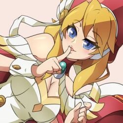 alia big_breasts blonde_hair blue_eyes gtmwd hand_on_mouth hand_up hands_up long_hair mega_man mega_man_x mega_man_x_dive neckline red_cloak red_hat white_day_alia_(x_dive) white_dress