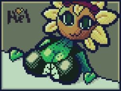 :3 big_breasts breasts breasts_on_table cleavage eyes female female_focus female_only green_body hellenqueenx huge_breasts line_art neckline open_eyes pixel pixel_art plants_vs_zombies plants_vs_zombies:_heroes sunflower sunflower_(pvz) table watermark