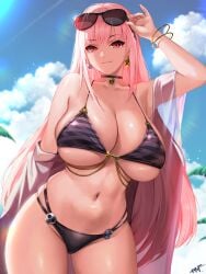 1girls bikini breasts commission female hips hololive hololive_english hololive_myth huge_breasts kisaragi_tsurugi light-skinned_female light_skin long_hair mori_calliope naughty_face pink_eyes pink_hair thick_thighs thighs virtual_youtuber wide_hips