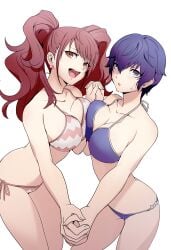 2girls absurdres alternate_breast_size bikini blue_bikini blue_eyes bob_cut breast_press breasts brown_eyes brown_hair collarbone earrings hair_between_eyes halterneck highres holding_hands igusaharu interlocked_fingers jewelry kujikawa_rise large_breasts long_hair looking_at_viewer multiple_girls open_mouth persona persona_4 pink_bikini pink_ribbon purple_hair ribbon shirogane_naoto short_hair side-tie_bikini_bottom sideboob simple_background string_bikini sweatdrop swimsuit symmetrical_docking white_background