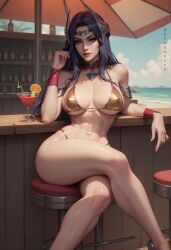 1girls ai_generated alcohol alcoholic_drink bar bar_(place) bar_stool beach beach_background beach_bar beach_umbrella big_ass big_thighs blue_eyes blue_hair cocktail crossed_legs female female_focus female_only gold_bikini highres inviting irelia_xan kanasaes3 league_of_legends legs_crossed long_hair long_legs looking_at_viewer perfect_body riot_games seductive seductive_eyes seductive_look seductive_pose shiny_skin solo solo_female stable_diffusion sweat sweaty thick_thighs thighs touching_hair umbrella wide_hips