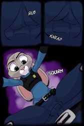 2017 akiric anthro belt bulge bulletproof_vest cameltoe canine clothed clothing comic dialogue disney dry_humping duo english_text faceless_male female fox judy_hopps lagomorph male mammal nick_wilde on_lap police_uniform rabbit sitting sitting_on_lap solo_focus straight text uniform utility_belt zootopia