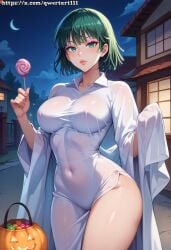 ahe_gao ai_generated alley bag blush bob collarbone cosplay curvy drool drooling eyeshadow female fit fit_female fubuki_(one-punch_man) ghost green_eyes green_hair halloween halloween_costume highres lamp large_breasts looking_at_viewer narrow_waist navel night nipples one-punch_man open_mouth outdoors pink_eyeshadow pumpkin qwertart saliva slim slim_waist solo tagme teeth tight_clothing tongue_out wide_hips