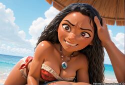 1boy ai_generated bare_shoulders beach bikini black_hair blue_sky breasts brown_eyes cleavage cloud dark-skinned_female dark_skin day disney disney_princess female grin hand_on_another's_head headpat heart heart-shaped_pupils jewelry long_hair medium_breasts meitabuu moana moana_waialiki necklace ocean outdoors pov shell shell_necklace sky smile solo_focus strapless sweat swimsuit symbol-shaped_pupils wet