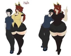 ass big_breasts black_hair blush boyfriend-girlfriend breasts dewwy(dewwydartz) dewwydarts dewwydartz female hand_on_shoulder hand_over_shoulder hourglass_figure humanized maddie(dewwydartz) thick_thighs thigh_highs wide_hips yellow_eyes